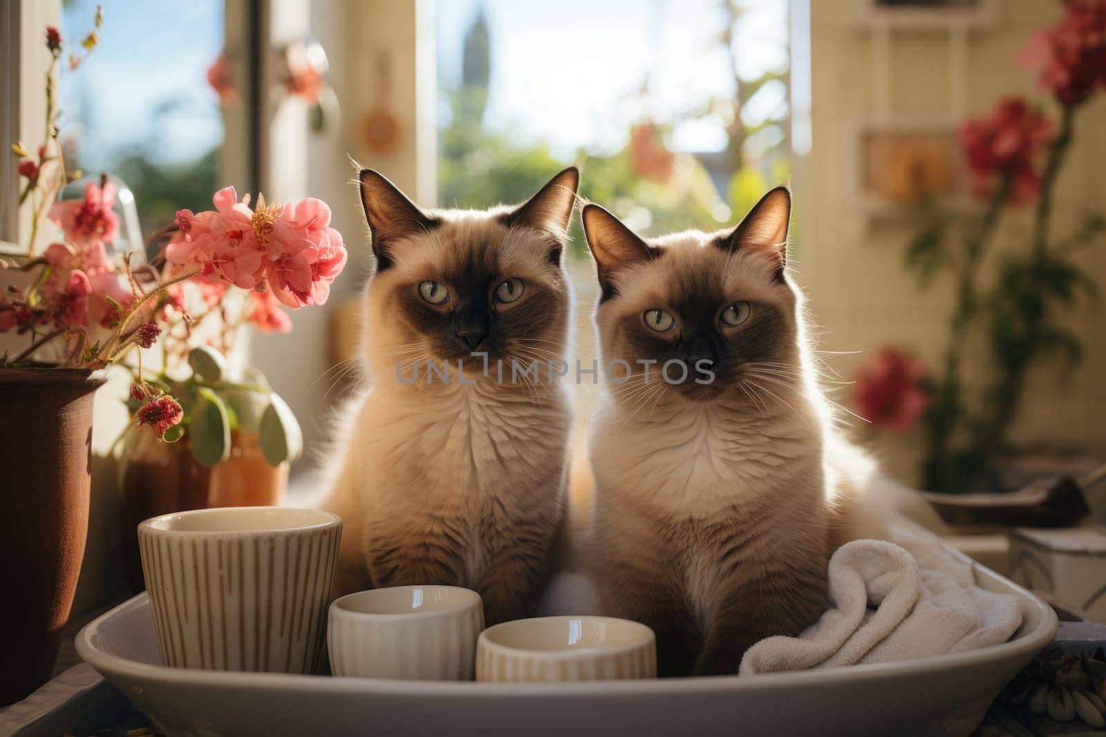 Siamese cats, bathroom surroundings. Generative AI by golfmerrymaker