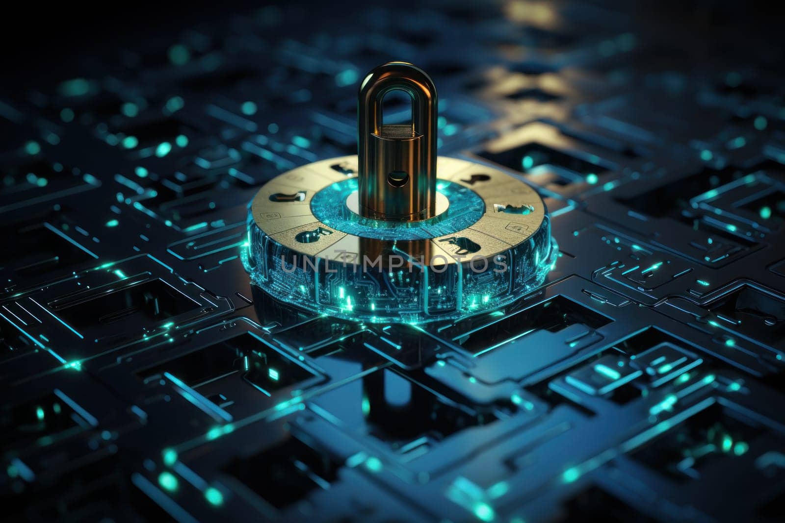 Cyber security technology background with data lock icon in blue tone. Generative AI.