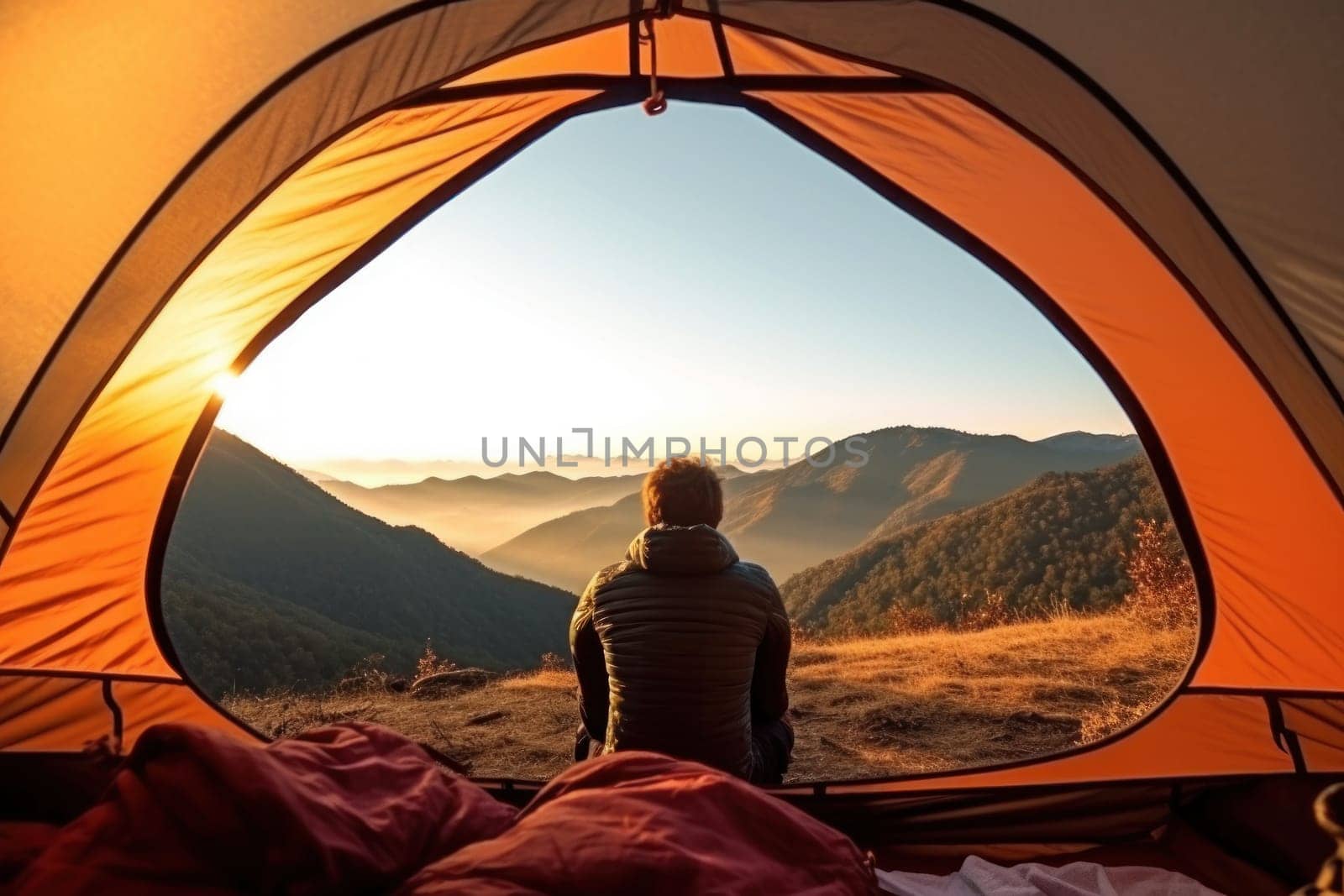 View from tent Young man in his camper observing a good view of a mountain. Generative AI.
