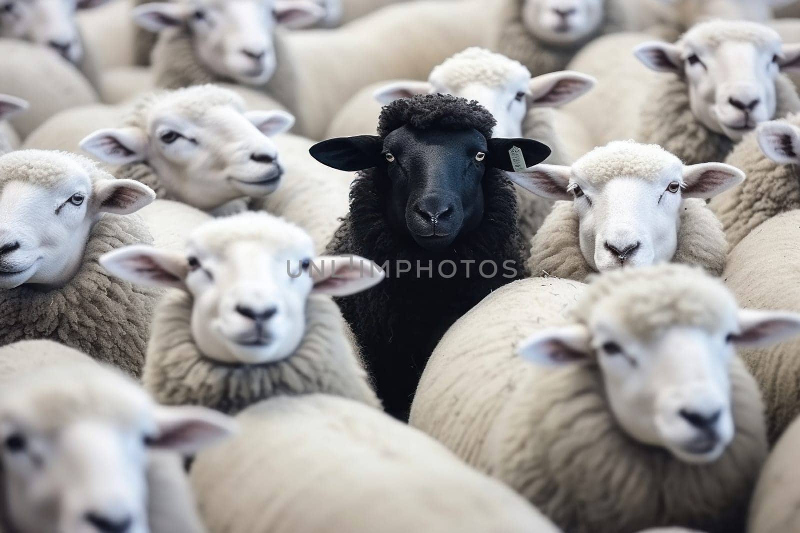 One black sheep in a flock of white sheep. Generative AI.