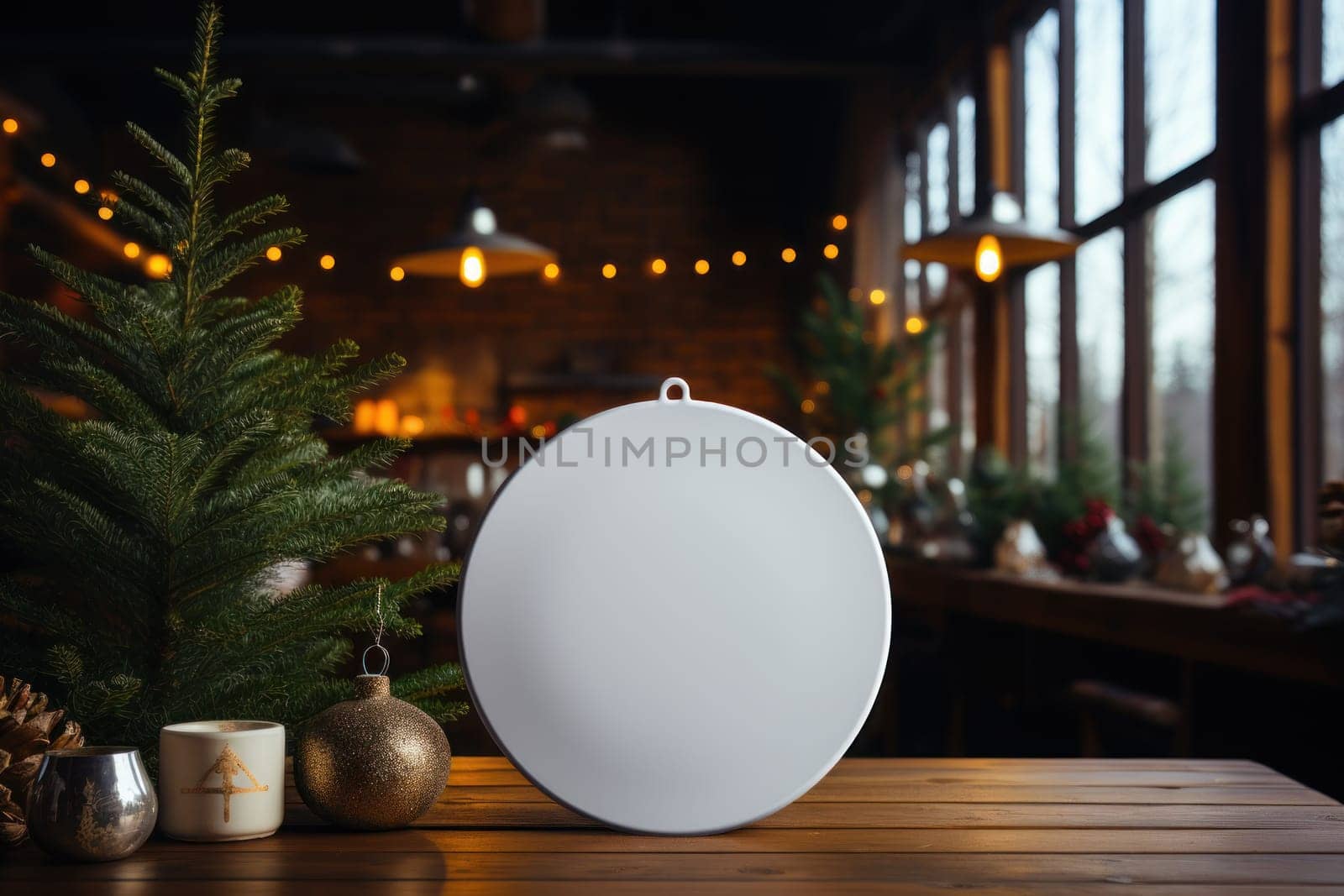 Photo of flat blank mockup decorative on the Christmas tree. Generative AI.