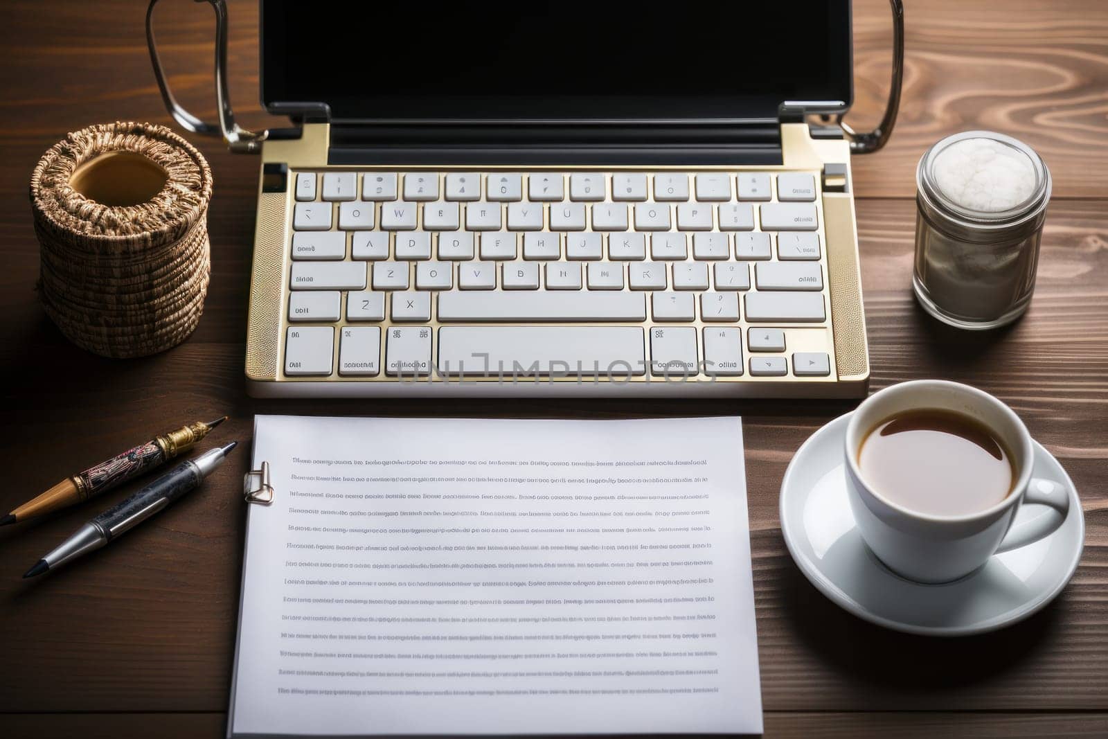 An office desktop a stack of A4 white paper, a pen, a cup of coffee. Generative AI.