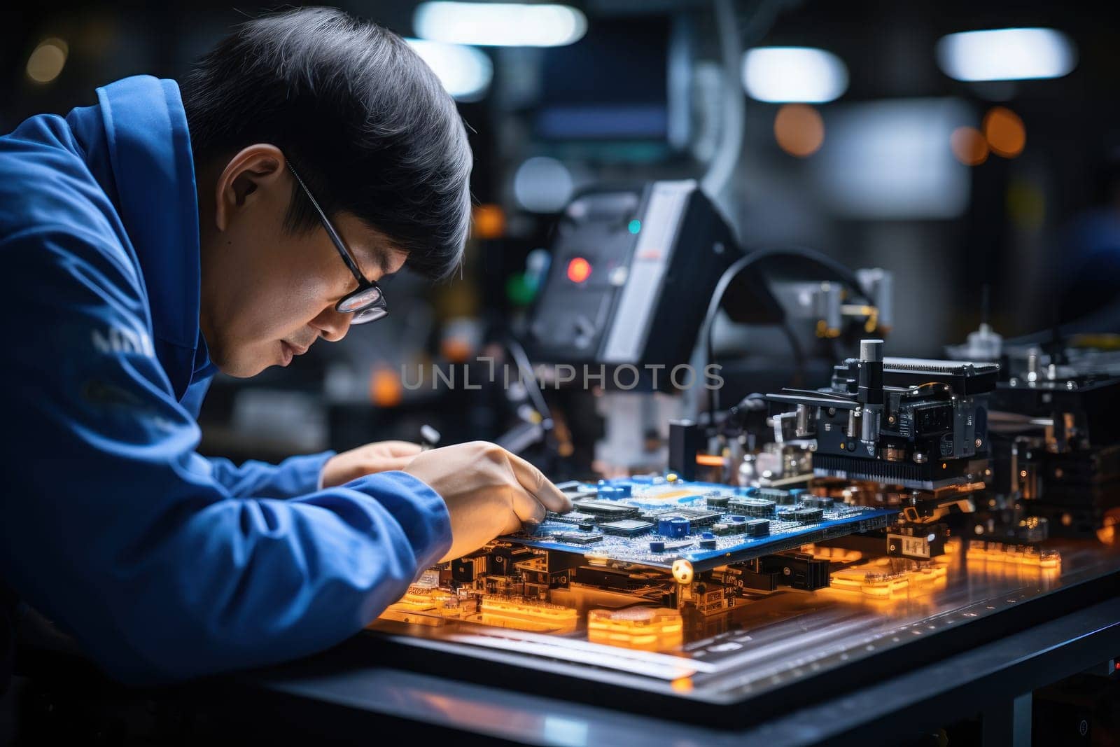 Engineer hand holds soldering iron and tin-lead to solder electronic board. Generative AI.