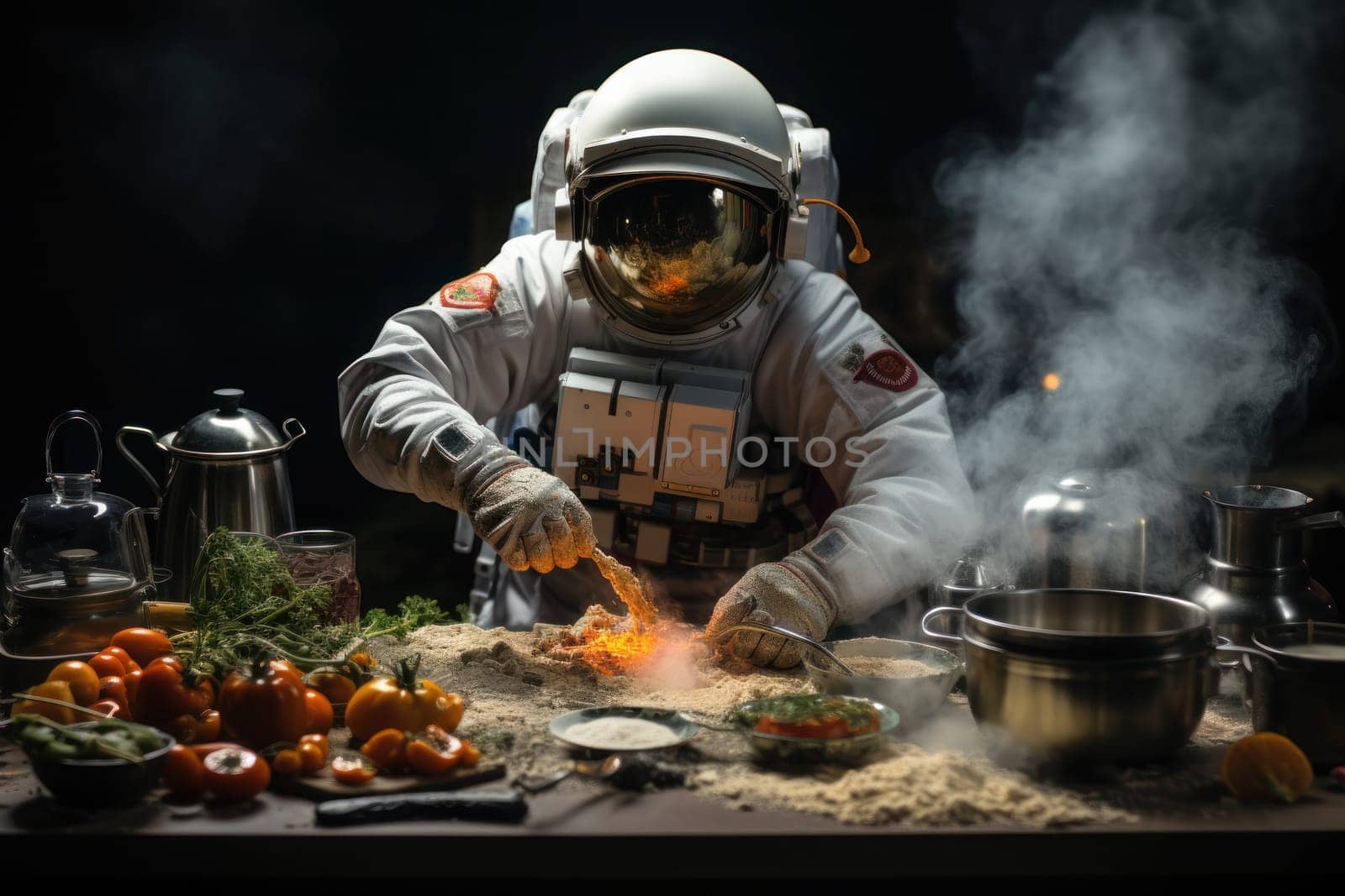 Astronaut cooking beef burger on moon. Generative AI.