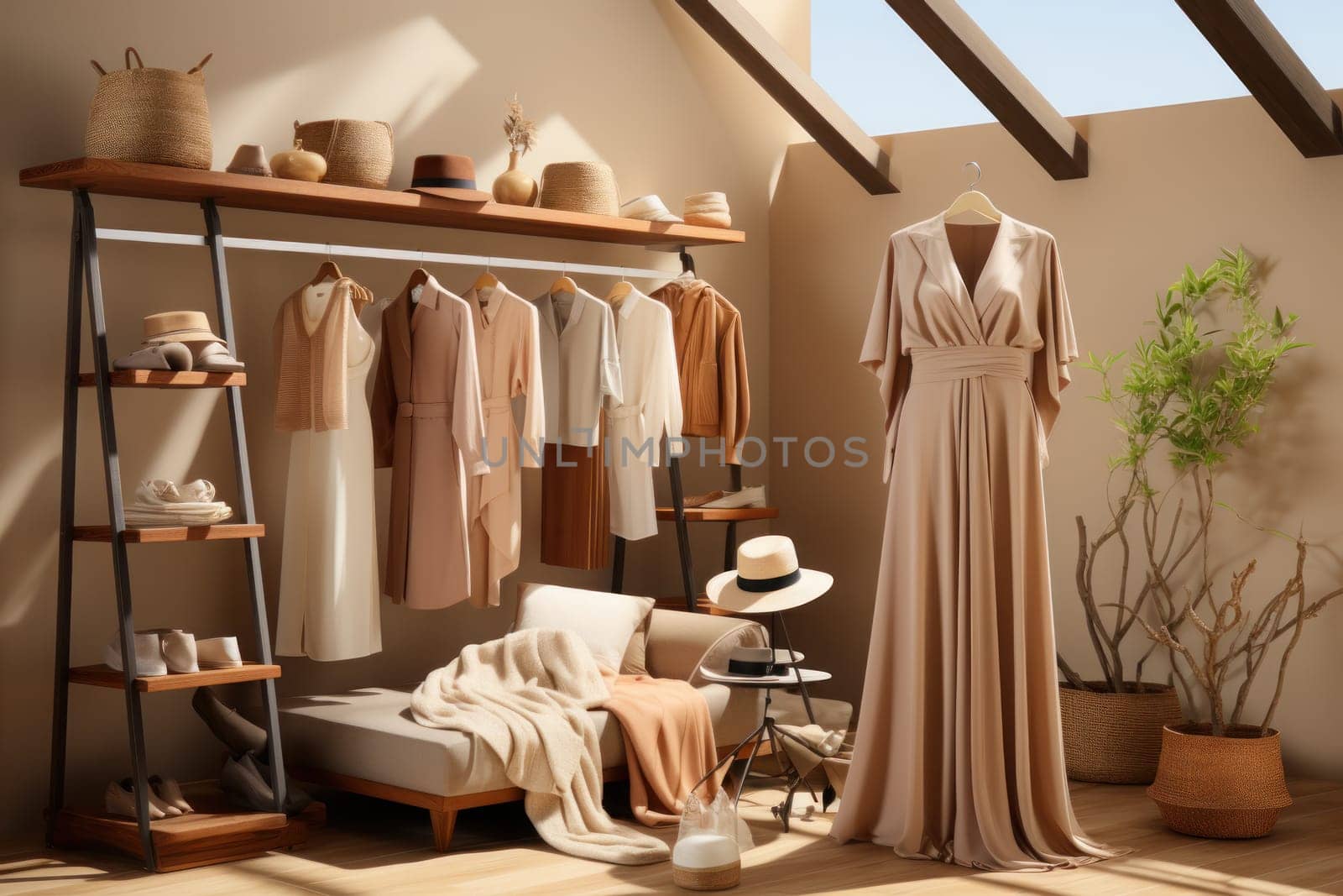 Room in the style of elegant clothing, light brown, collecting and modes of display. Generative AI.