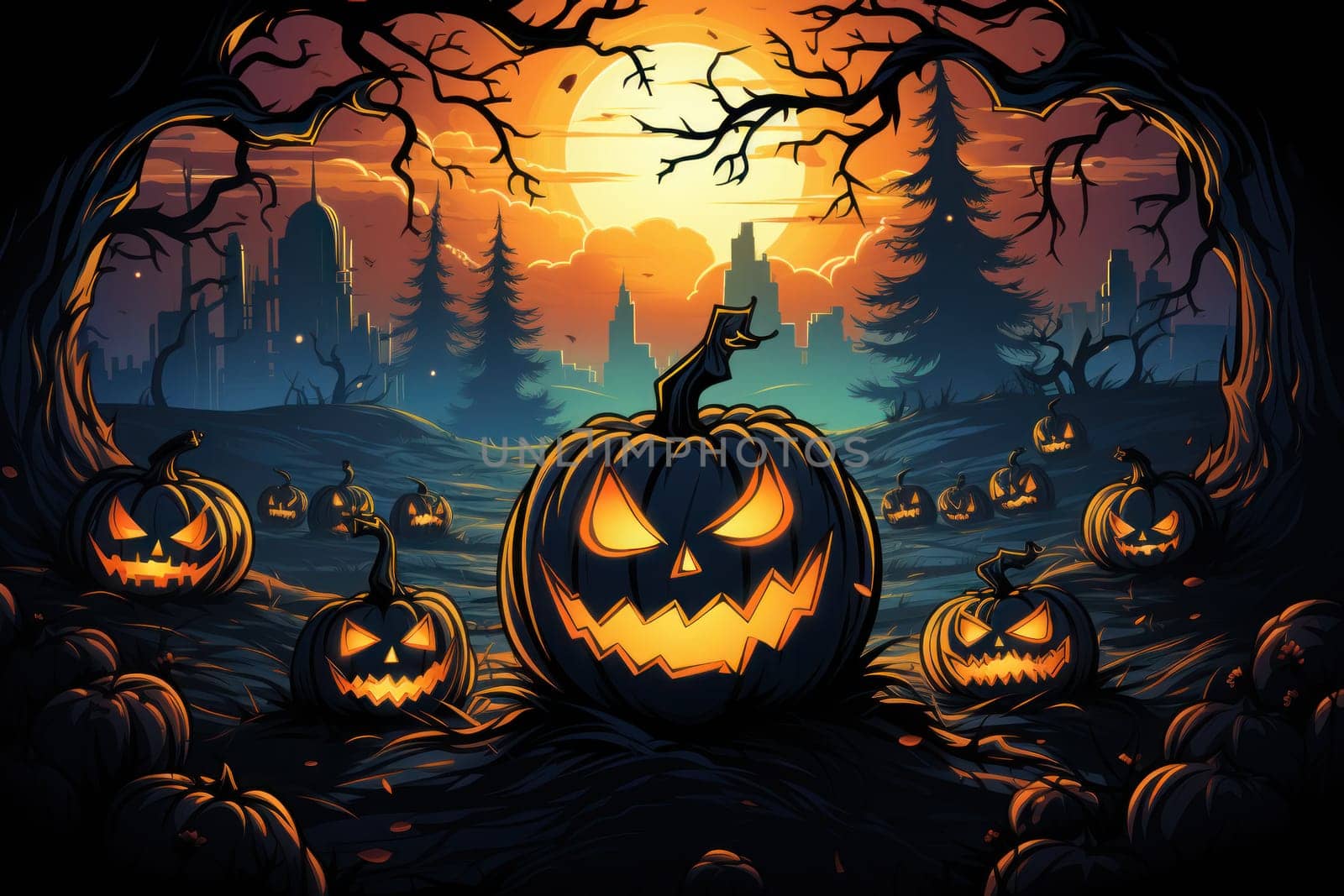 Halloween landscape pumkin twilight sky.Generative AI by golfmerrymaker