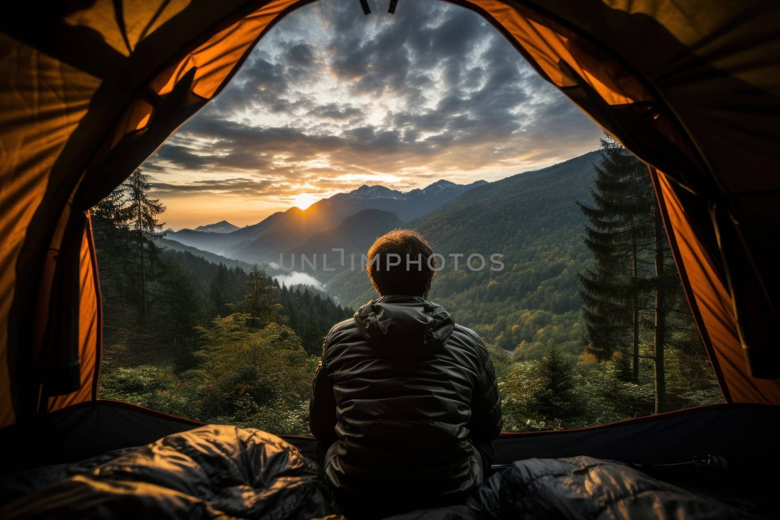 View from tent Young man in his camper observing a good view of a mountain. Generative AI.