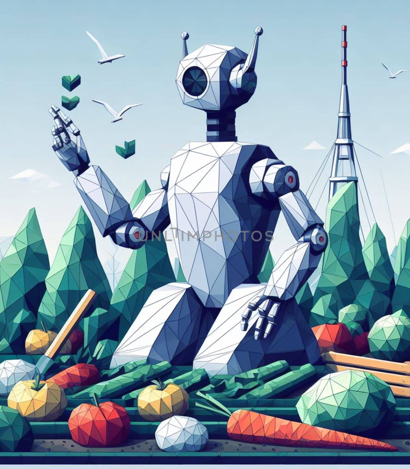 robot working in the farm vegetable garden to grow produce for human consumption ai generated