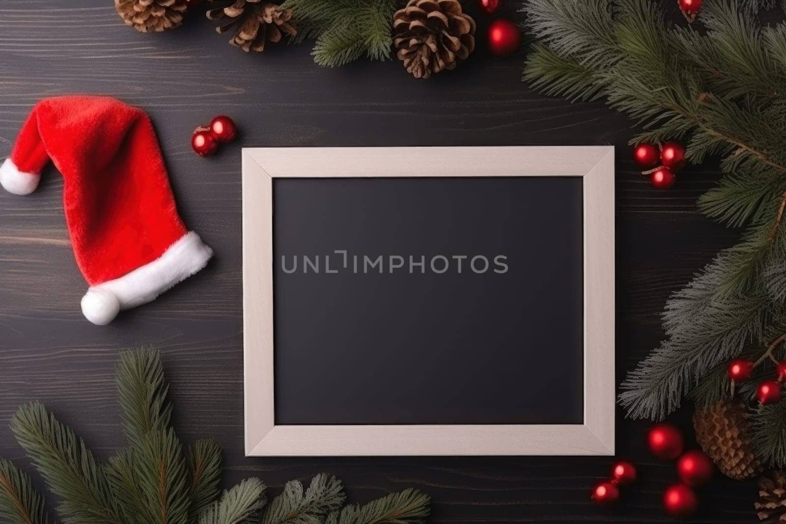 Framed letter board surrounded by a santa hat and christmas on a table. Generative AI.