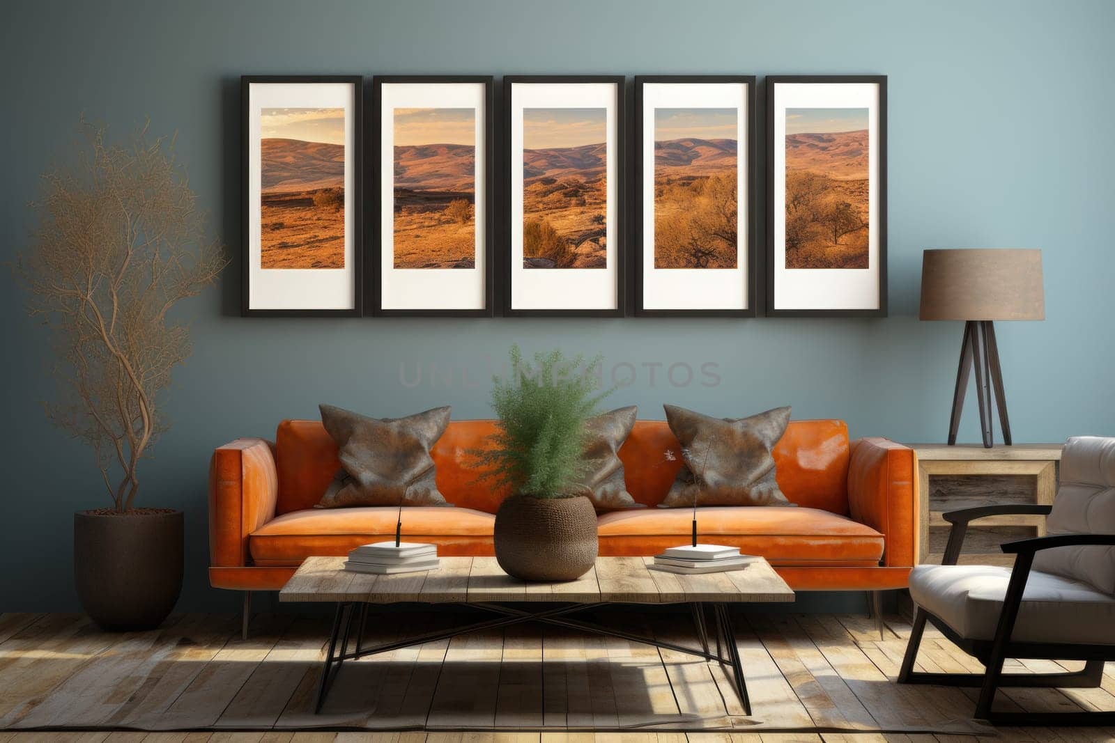 Maximalist style interior design room wall mockup with three artworks in a row,.
