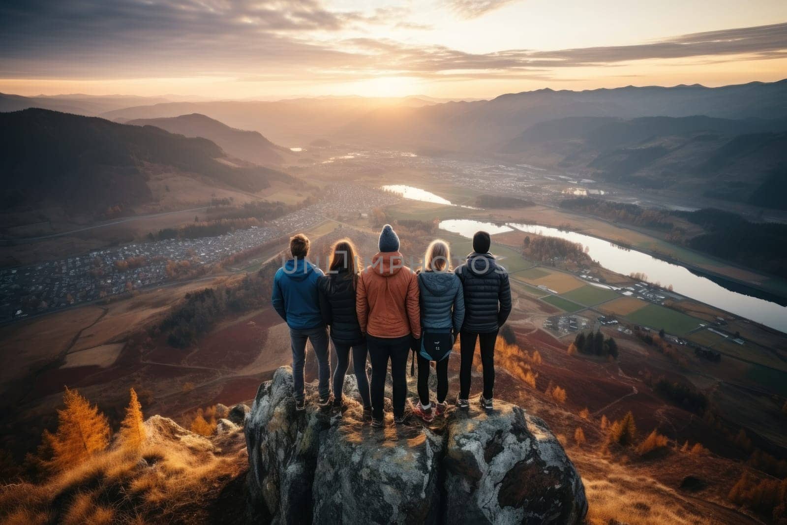 Teamwork concept with friends holding hands close to mountain top. Generative AI.