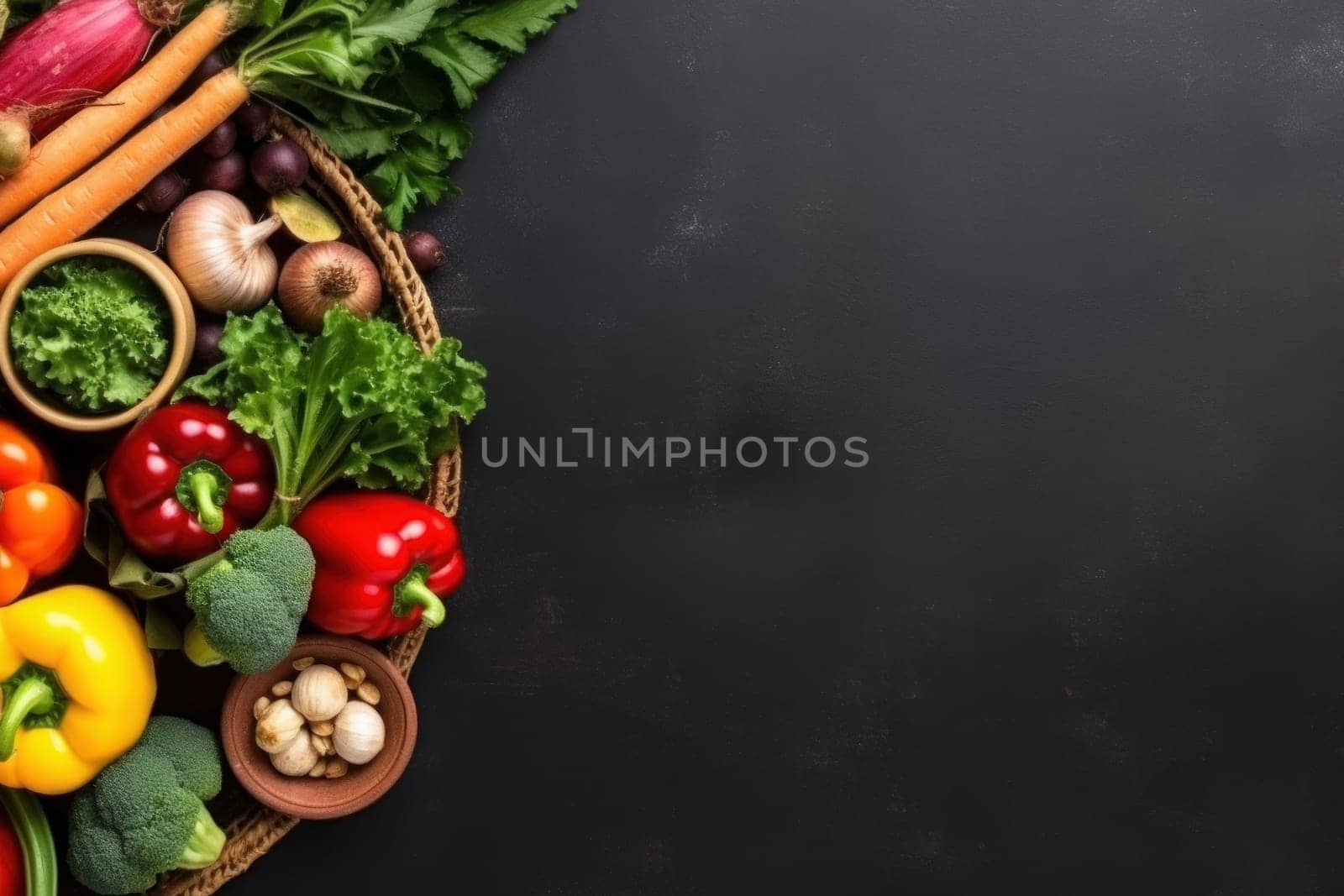 Vegetables on background with empty space for text top view. Generative AI.