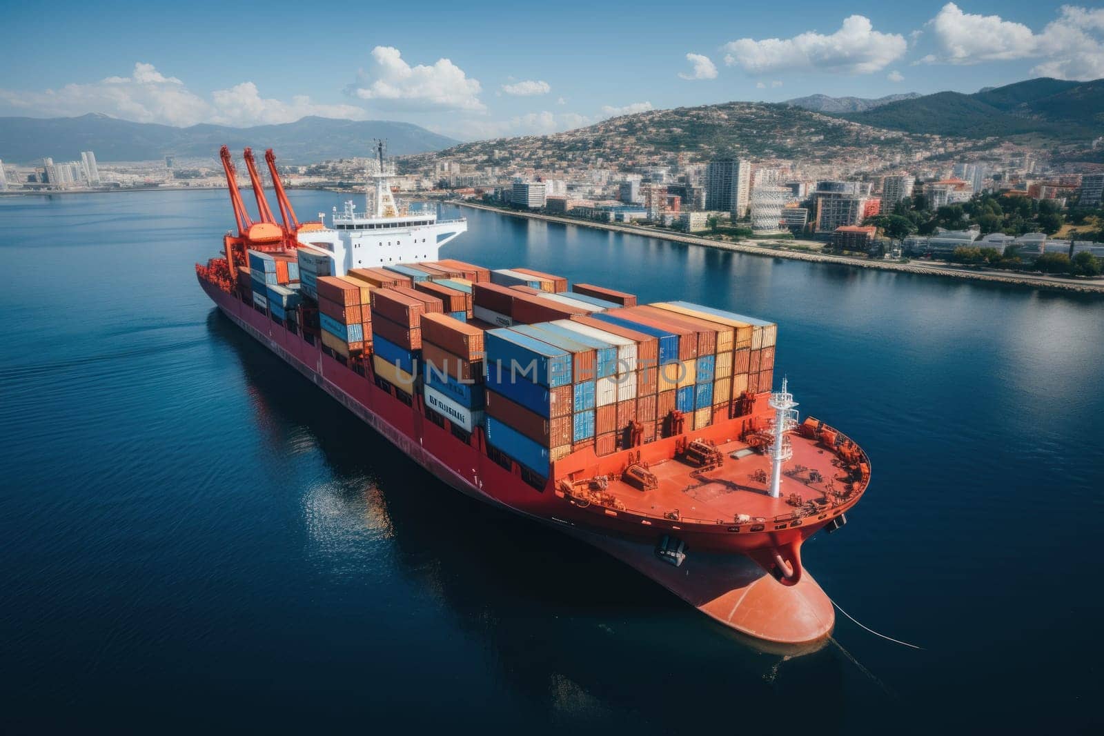 Cargo ship full of containers in the middle of the sea. Generative AI.
