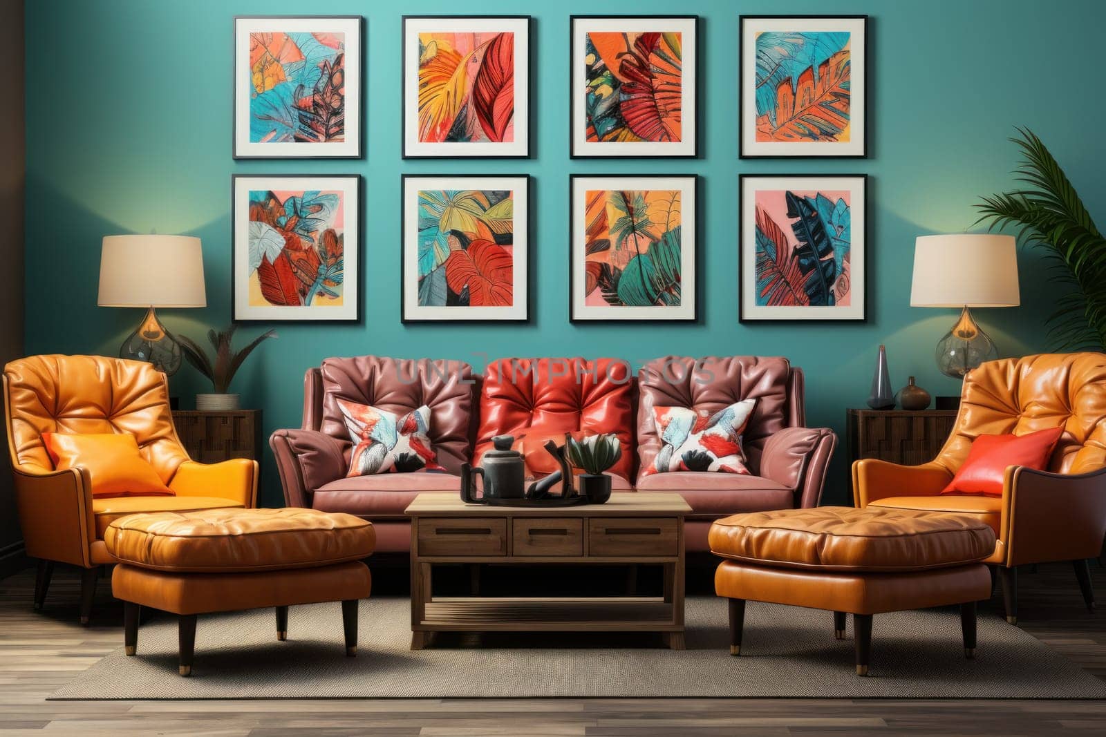 Maximalist style interior design room wall mockup with three artworks in a row,.