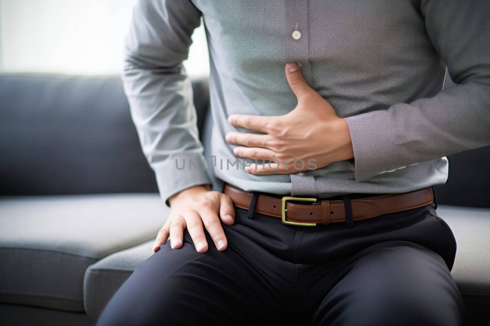 Hispanic man with a stomach problem. Generative AI.