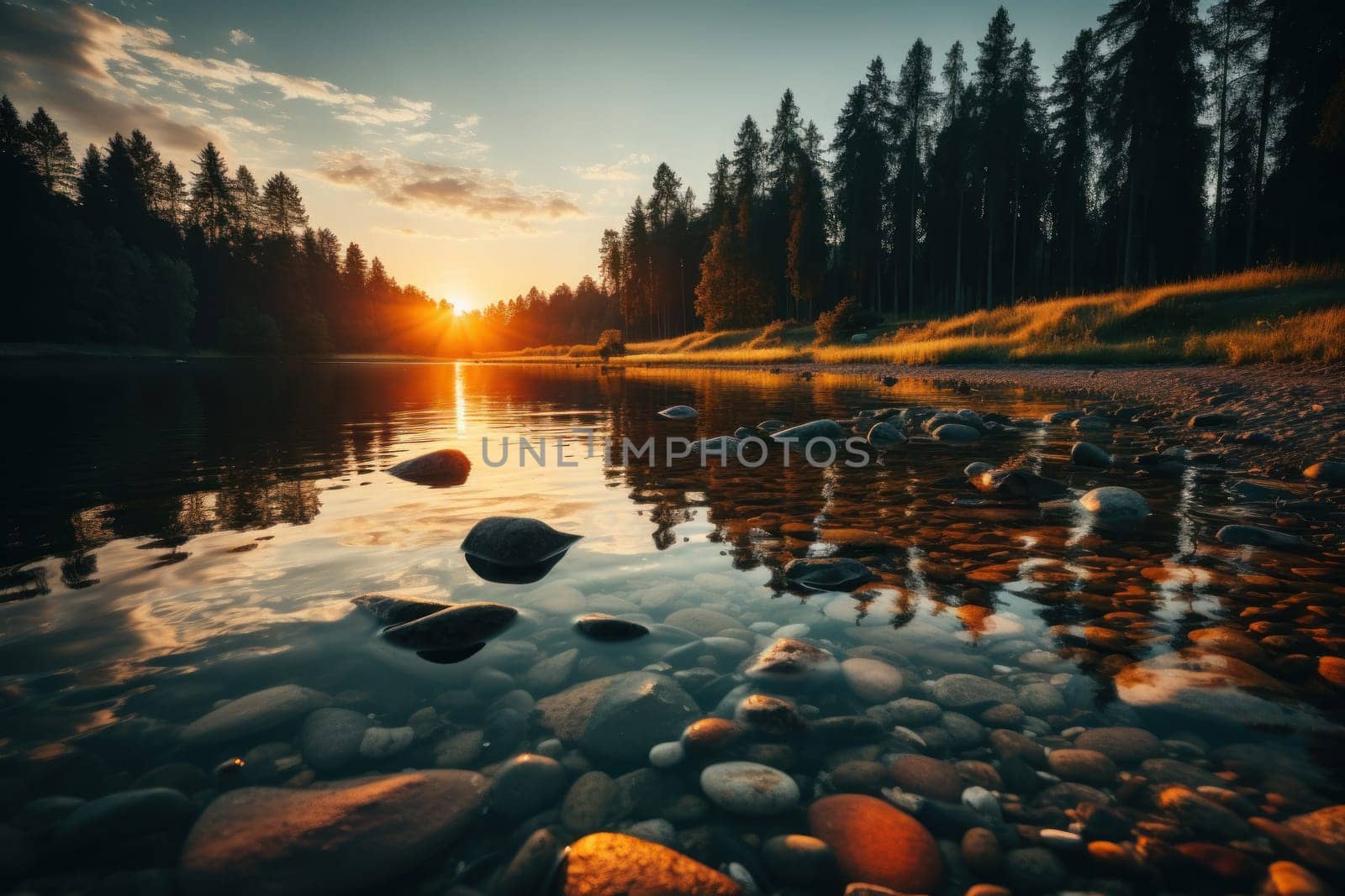 Trees lakes reflections in the water. Generative AI.