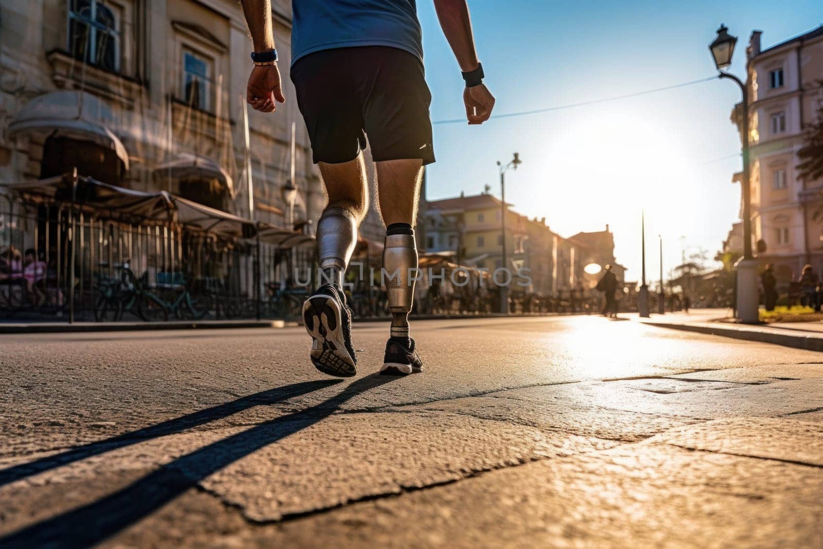 Physically disabled athlete running with prosthetic legs. Generative AI.