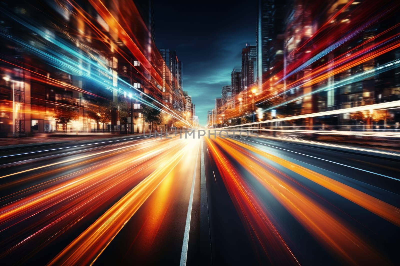 Abstract long exposure dynamic speed light trails background. Generative AI by golfmerrymaker