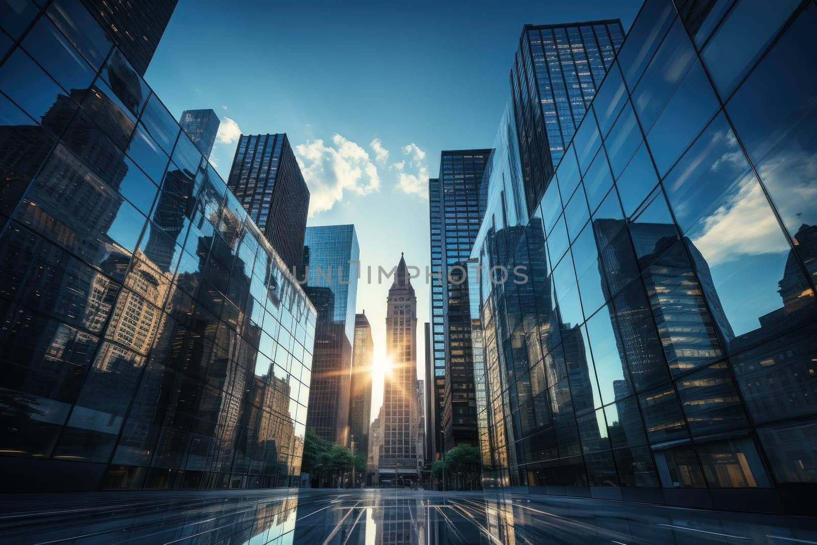 Photograph of urban corporate skyscrapers shot from below towards a blue sky. Generative AI by golfmerrymaker