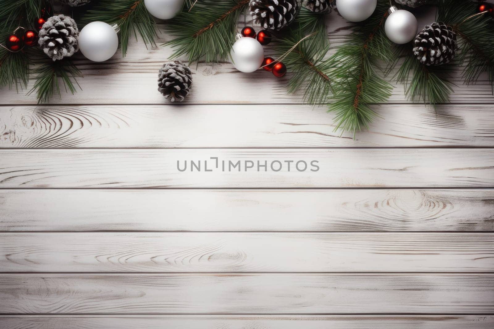 Christmas background wallpaper rustic white wood surrounded by Christmas decorations. Generative AI.