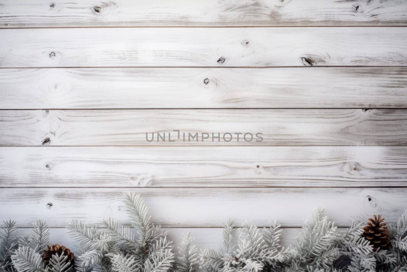 Christmas background wallpaper rustic white wood surrounded by Christmas decorations. Generative AI.