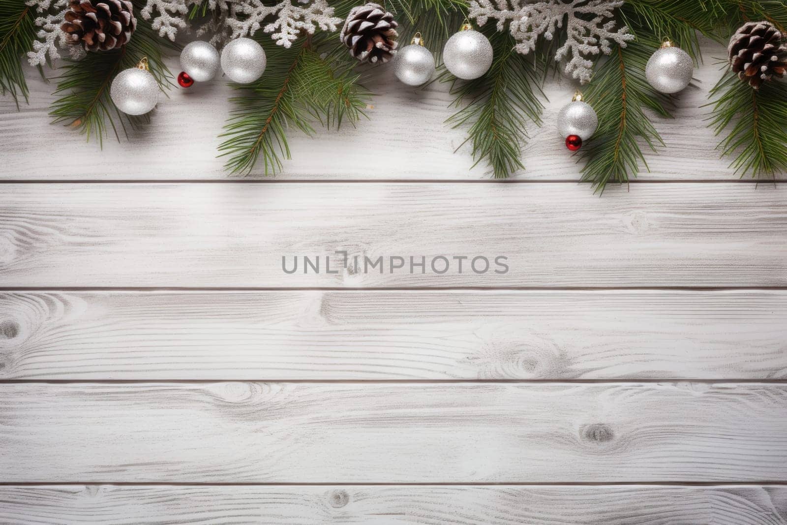 Christmas background wallpaper rustic white wood surrounded by Christmas decorations. Generative AI.
