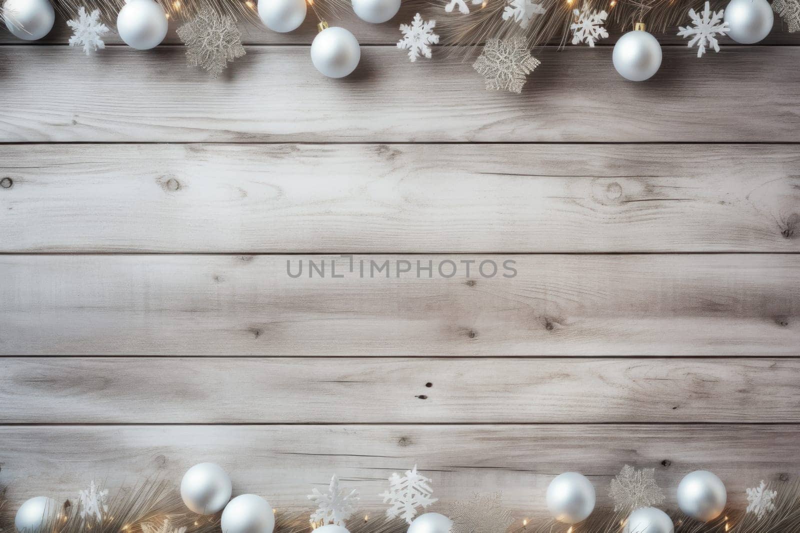 Christmas background wallpaper rustic white wood surrounded by Christmas decorations. Generative AI.