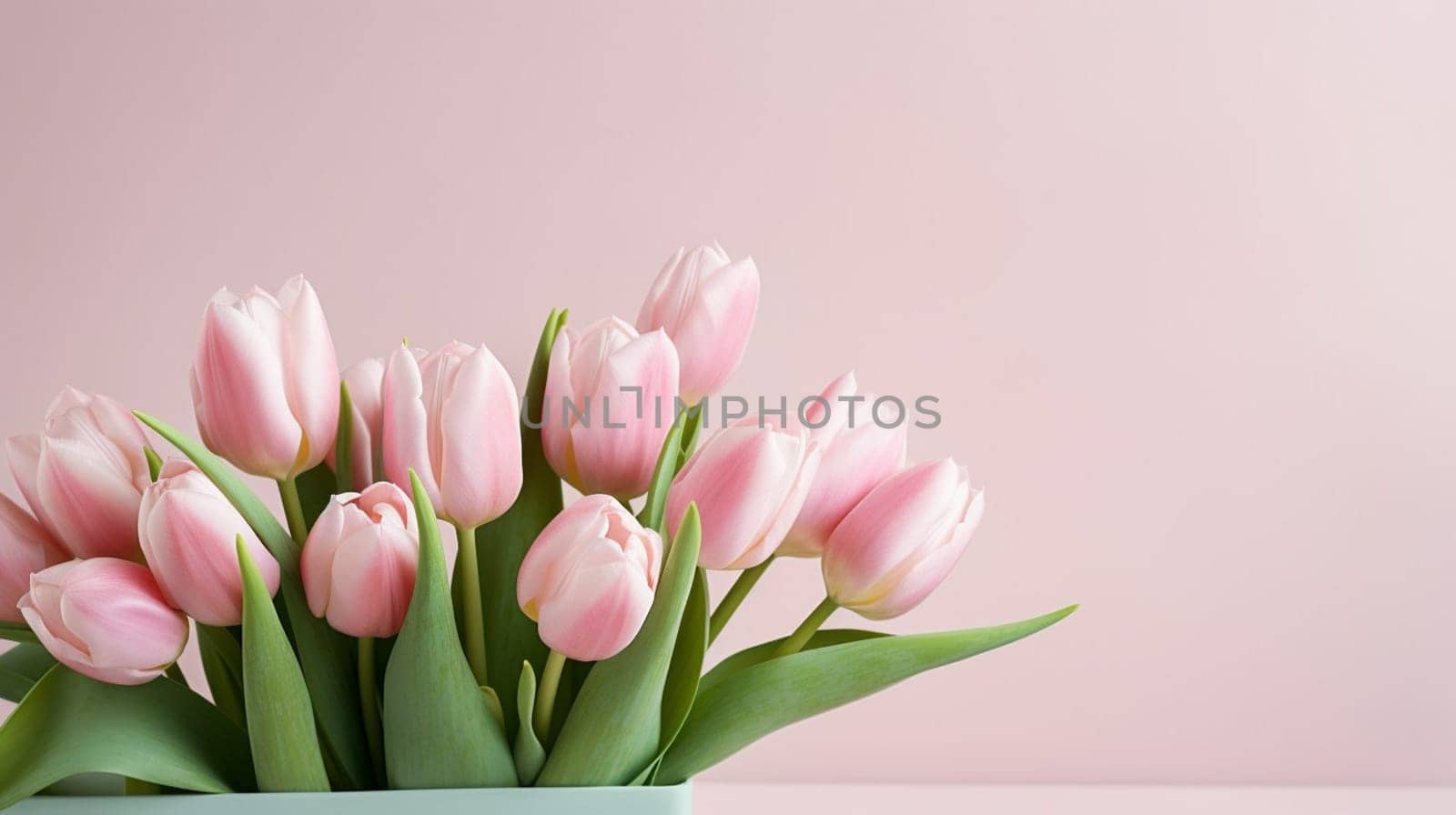 Pink tulips flowers on pastel pink background. Spring and easter greeting card design layout. Flat lay, top view, copy space. High quality photo