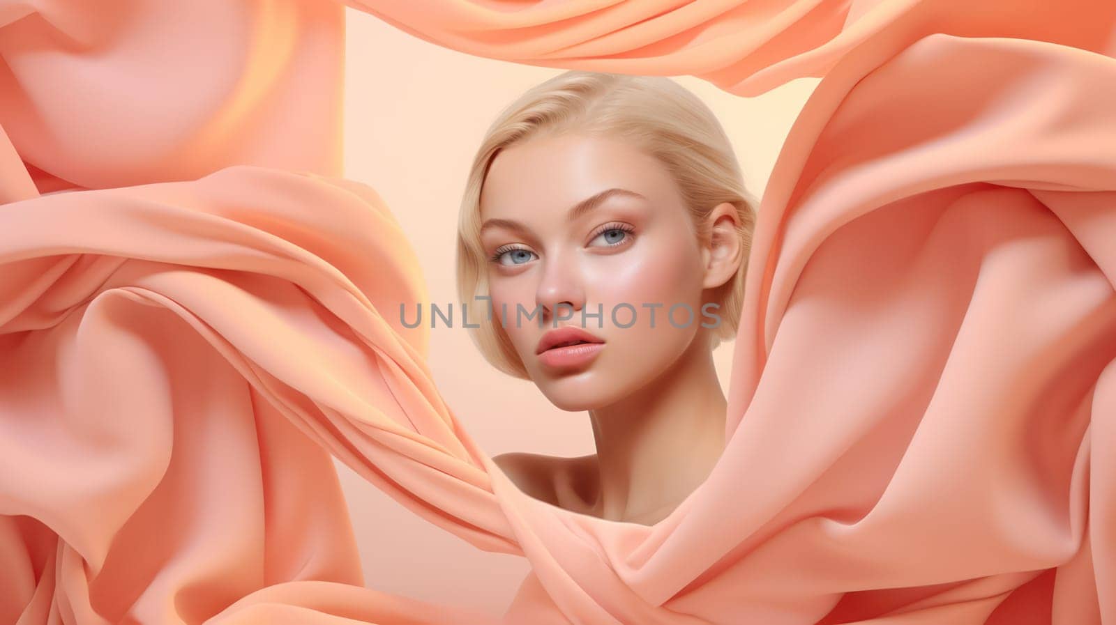 Fashionable Beauty: A Sensual Portrait of a Young, Glamorous Woman with Attractive Makeup and Elegance, Posing in a Pink Scarf on a Romantic and Lovely Background.