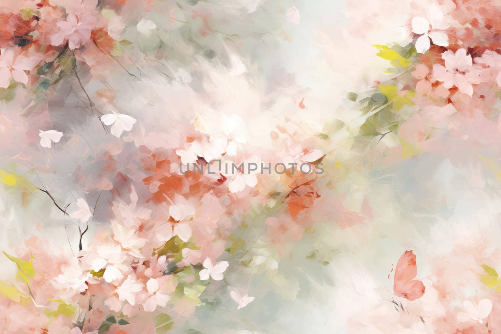 Abstract Watercolor Floral Painting: A Vibrant Blossom Bouquet on a Soft Pastel Pink and Blue Grunge Background.