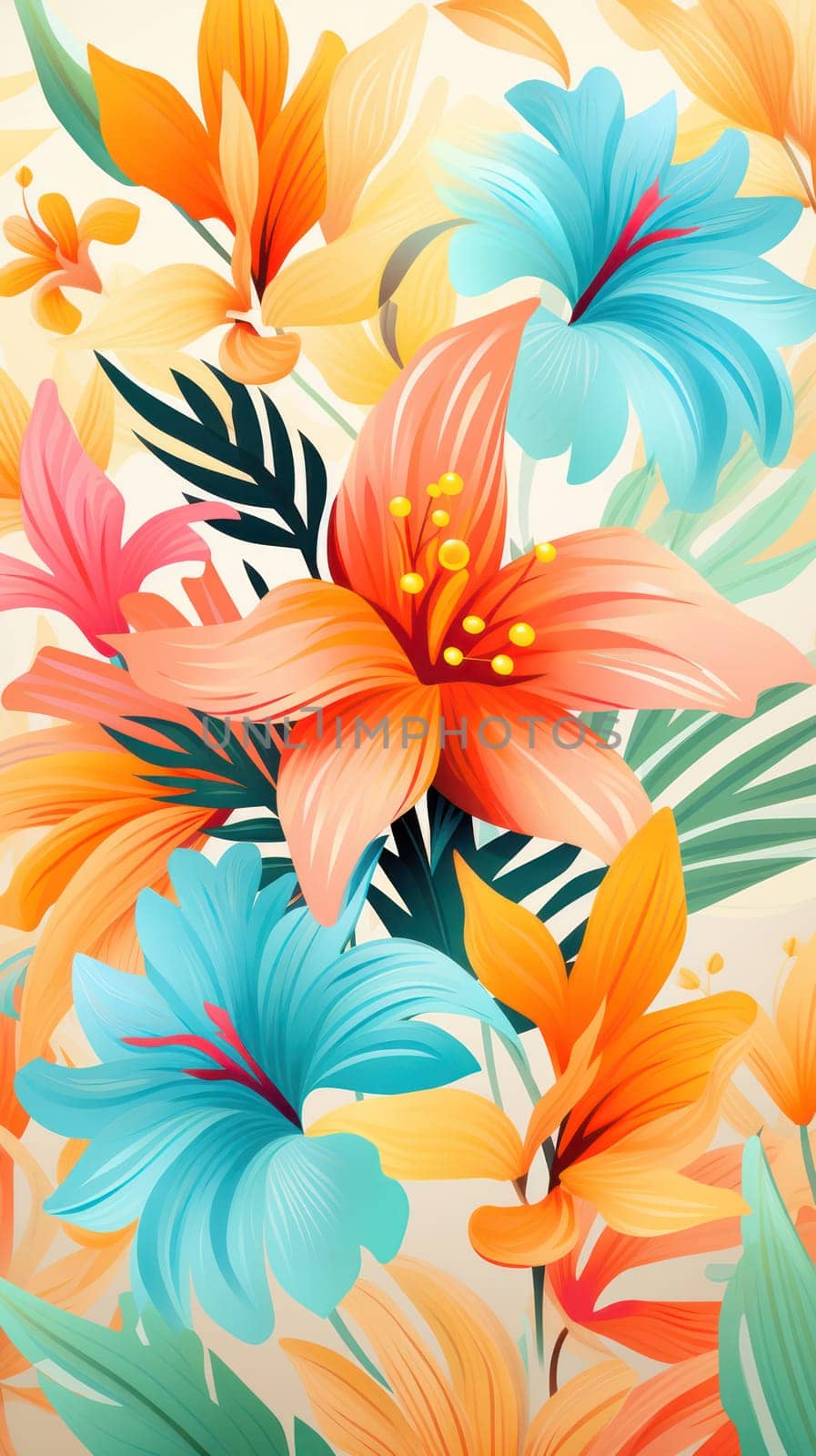 Abstract Floral Paradise: Colorful Tropical Flower Pattern on Seamless Summer Wallpaper Background by Vichizh