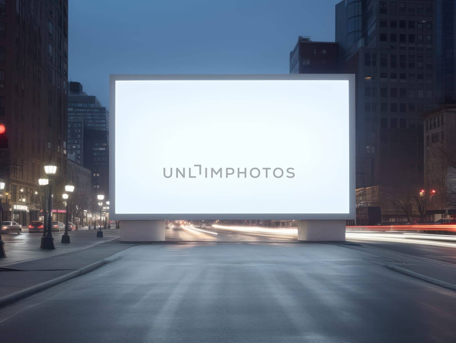 City Buzz: Illuminated Billboard Advertising Space with Blank Poster on Urban Street