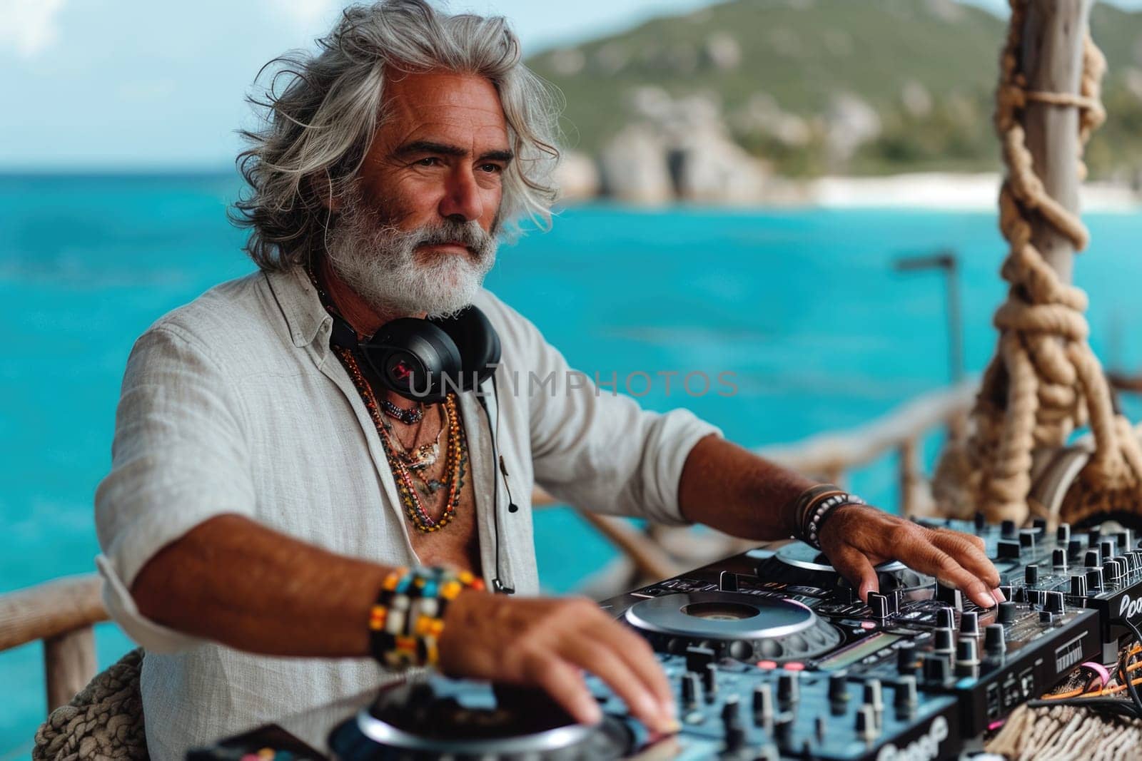 Gray-haired male DJ playing music by the seashore by Yurich32
