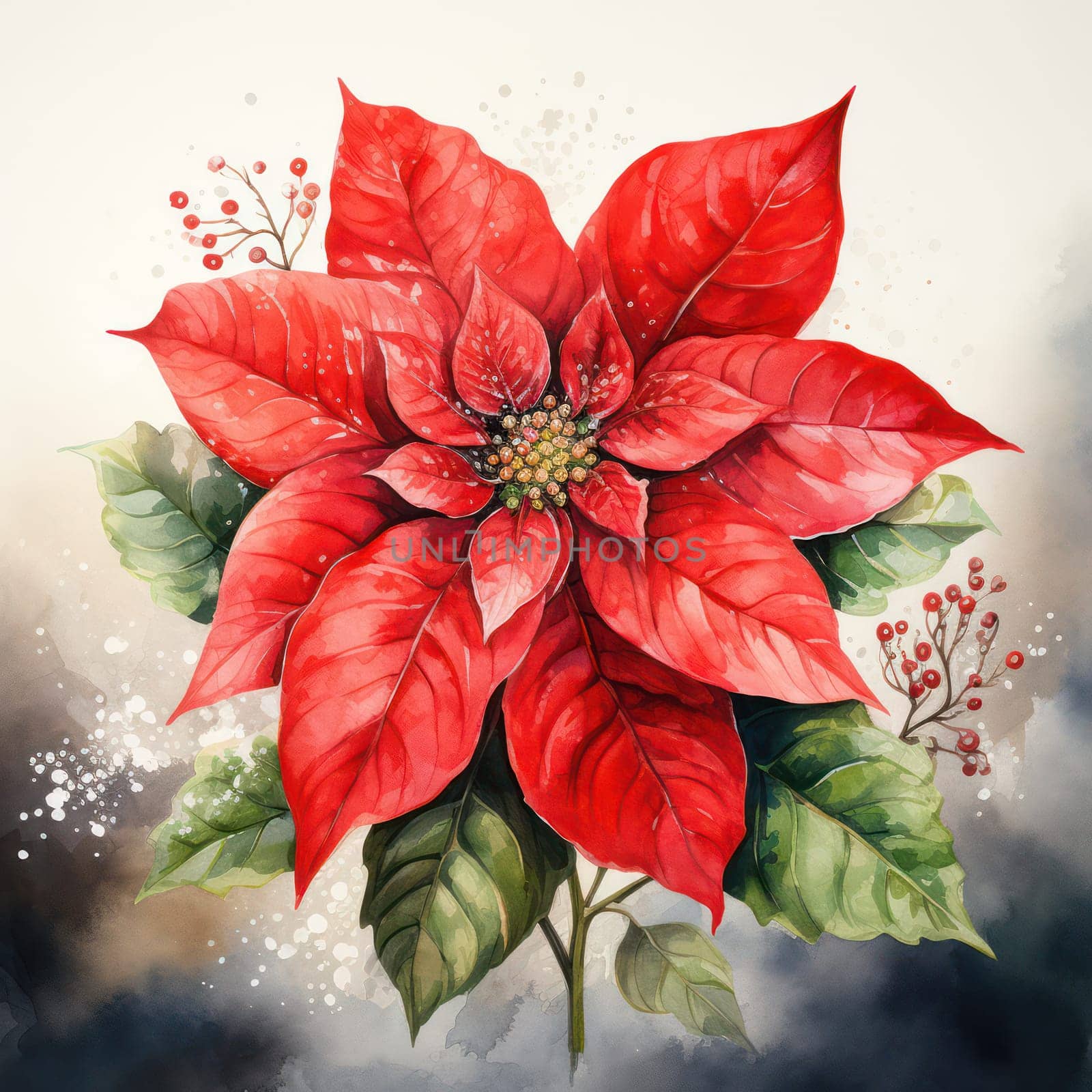 Festive Floral Delight: Red Poinsettia Blossom, a Symbol of Christmas Celebration, Painted with Watercolors on a Vintage Hand-drawn Illustration, Blooming Beautifully on a Green Leafy Branch, Creating a Bright Botanical Pattern, Perfect for Holiday Greeting Cards and Gifts.
