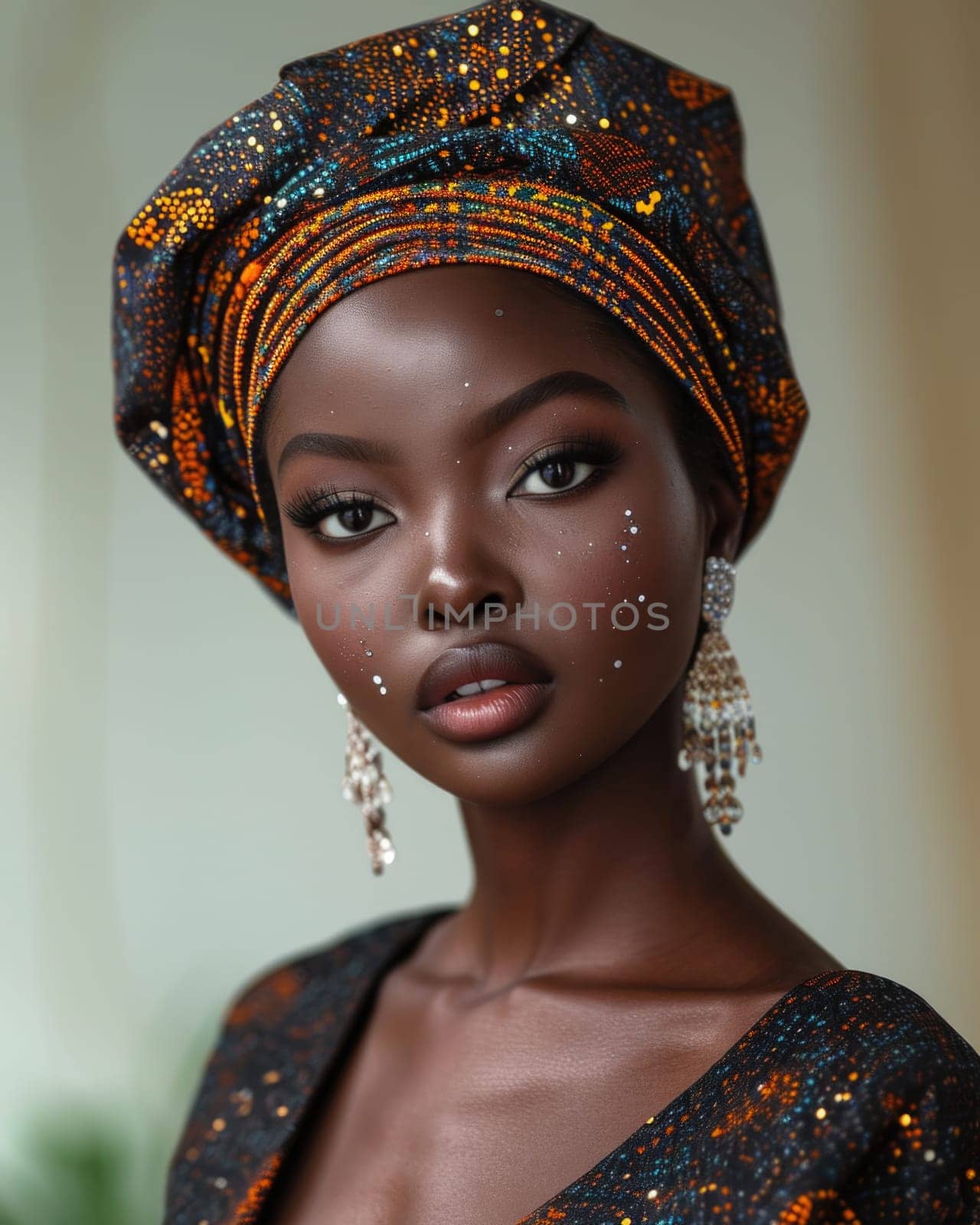 Elegant African American Woman in Impressive Turban in Portrait.