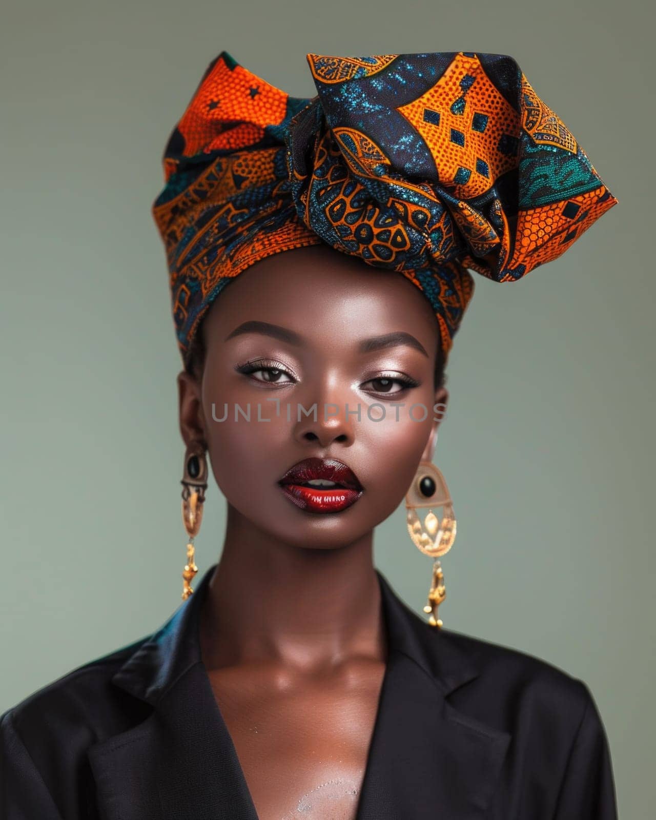 Graceful portrait of stylish african american woman in amazing african turban
