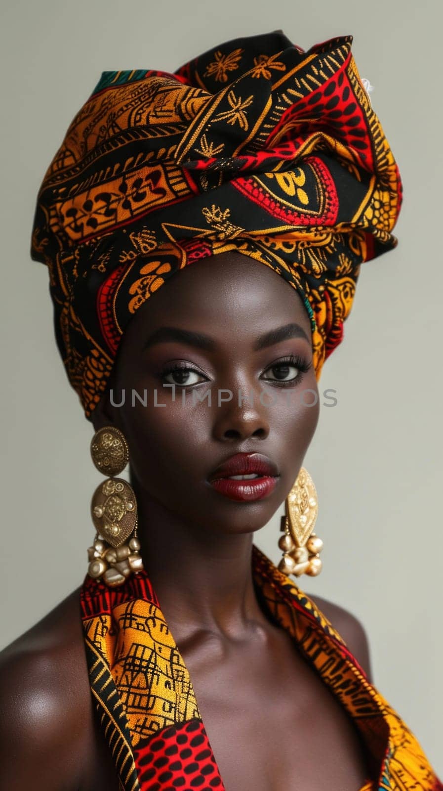 Amazing portrait of stylish african american woman with traditional african turban