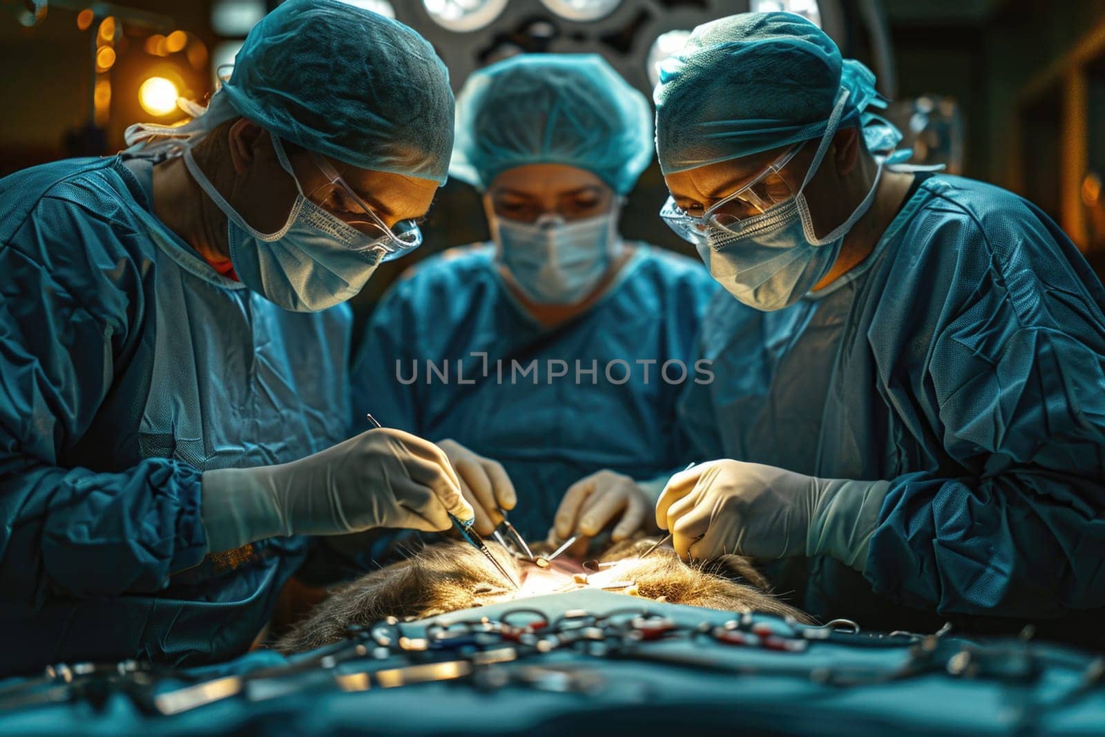 A team of doctors performs surgery on a patient in a veterinary operating room