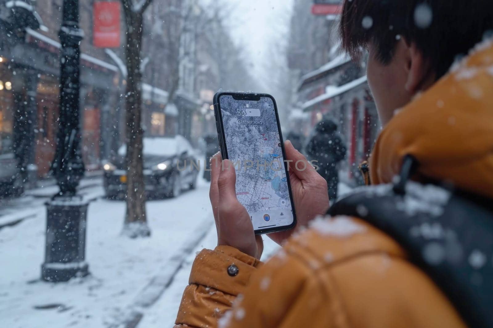 Man in snowfall looking at map on smartphone by Yurich32