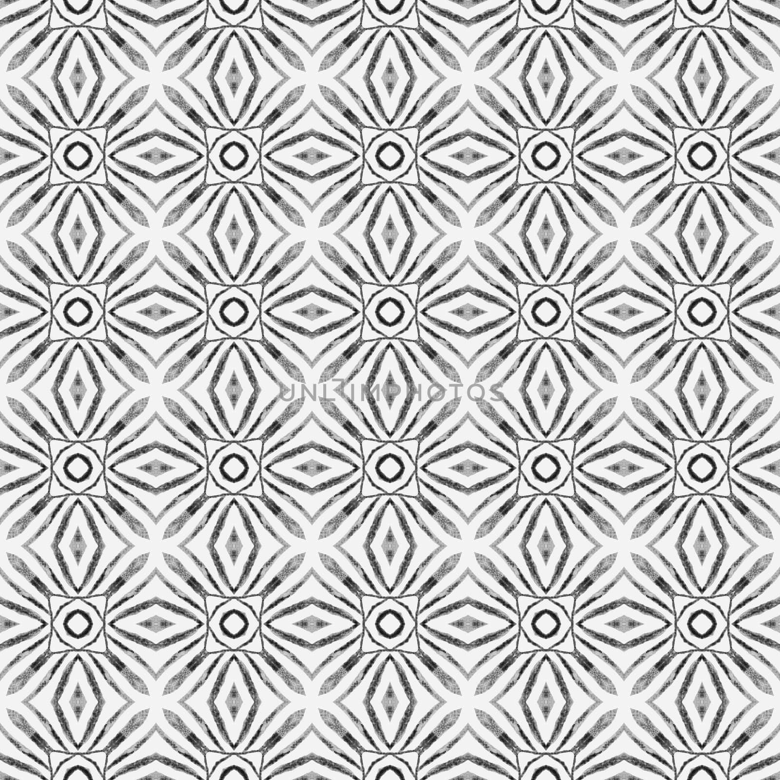 Tiled watercolor background. Black and white sightly boho chic summer design. Textile ready optimal print, swimwear fabric, wallpaper, wrapping. Hand painted tiled watercolor border.
