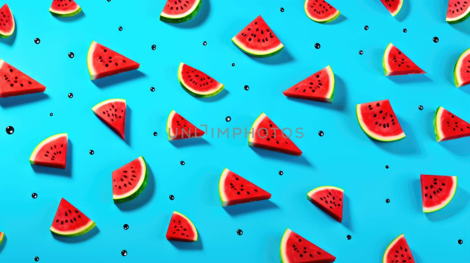 Fresh sliced watermelon as textured background on blue AI