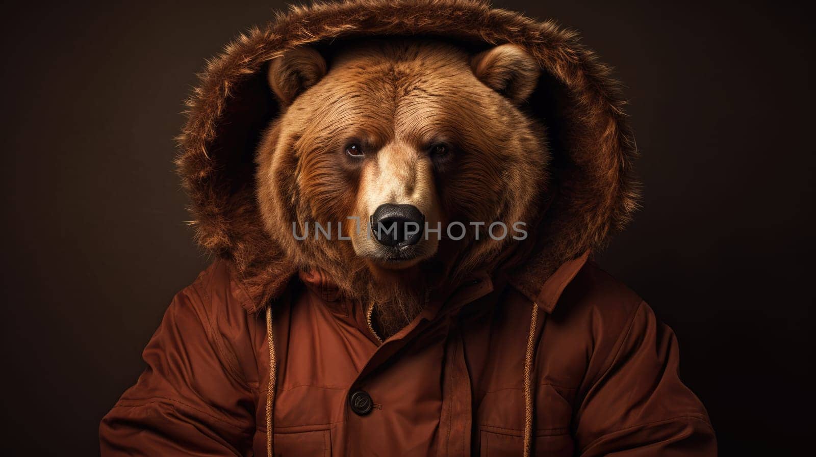 Brown hipster bear in a coat on a brown background. by natali_brill