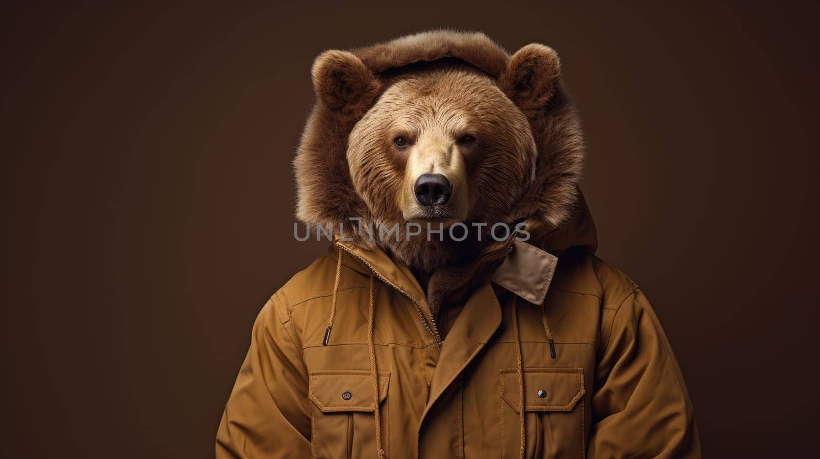 Grizzly Brown hipster bear in a coat on a brown background. AI