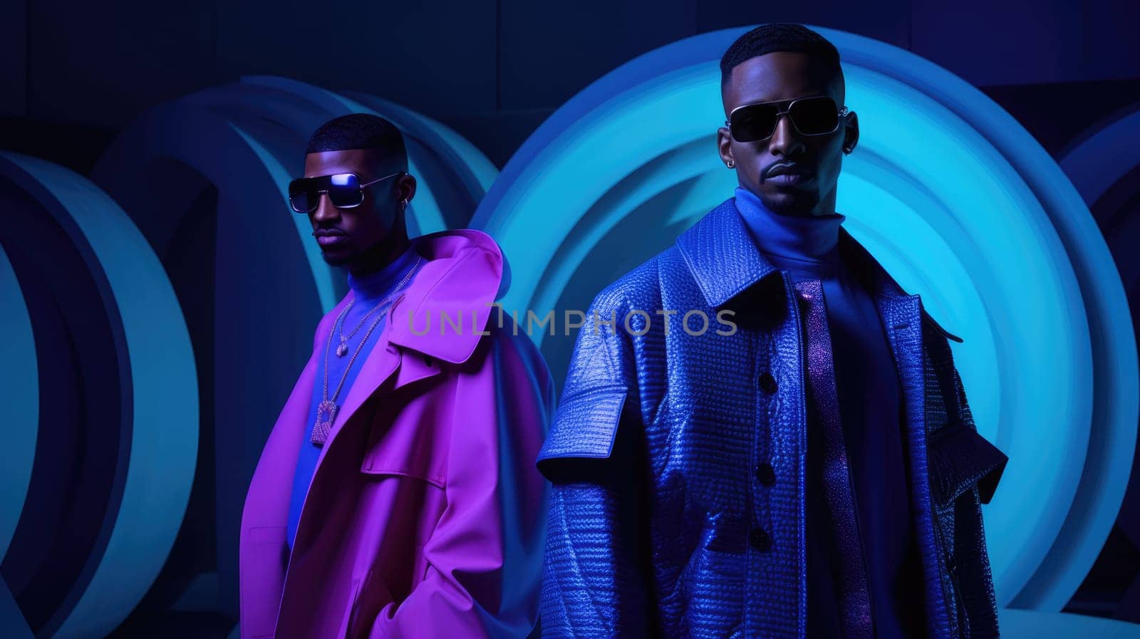 Young handsome models posing in a studio in a trendy neon light. Black two man, futuristic high fashion shoot in galagram colors AI