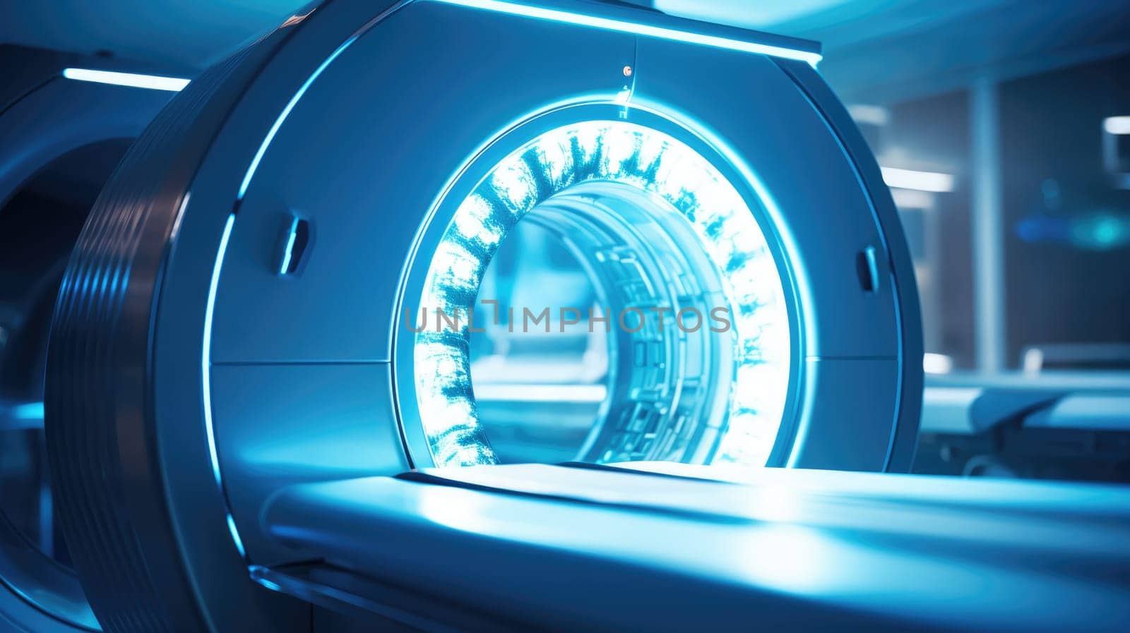 MRI machine, blurred medical background. Medical computed tomography or PET in the laboratory of a modern hospital. AI