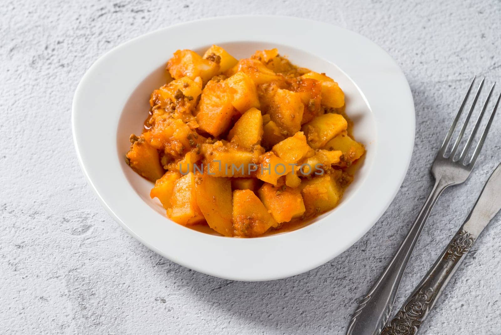 Minced meat and potato dish on white porcelain plate on stone table by Sonat