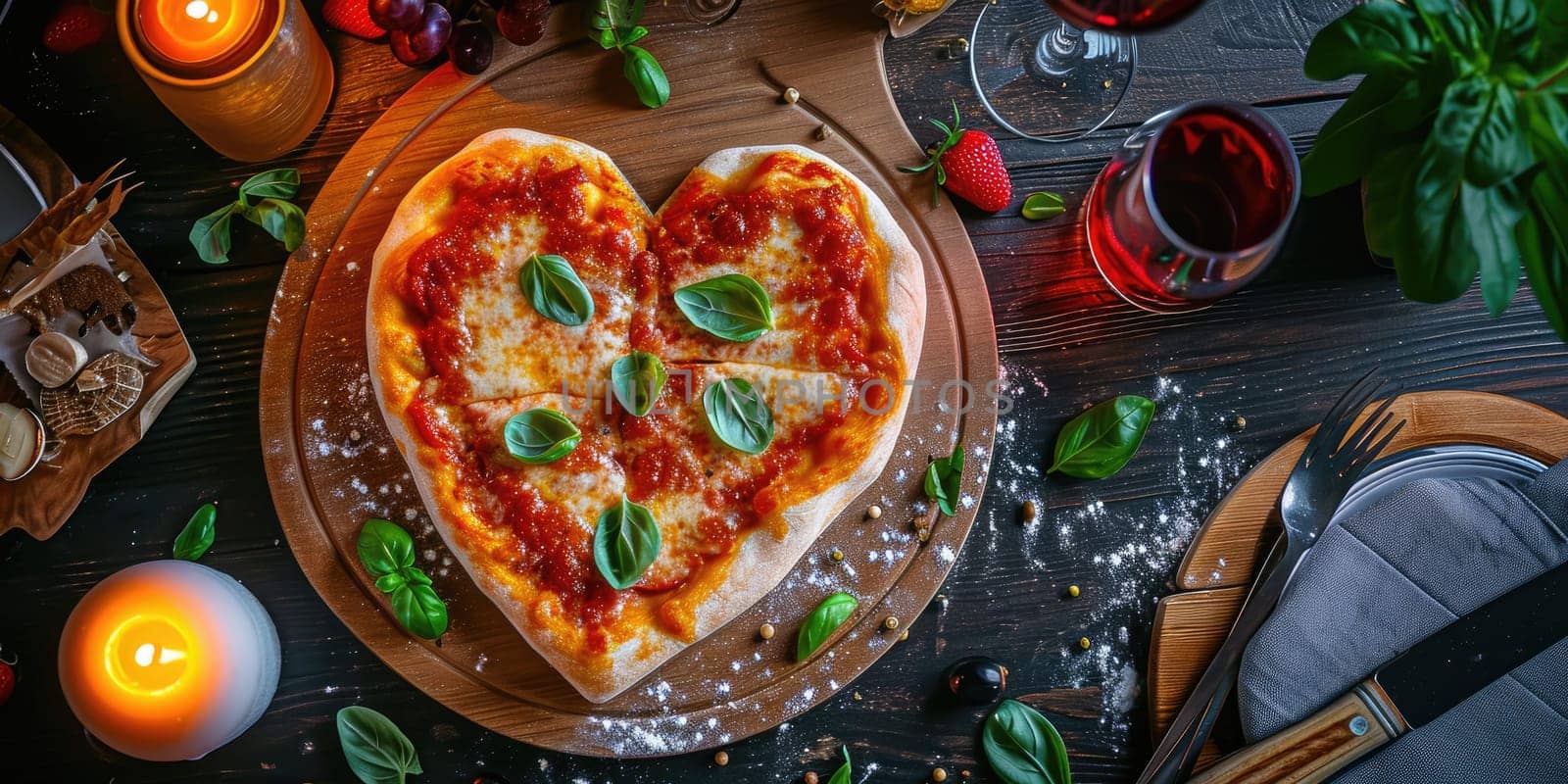 Heart shaped pizza for Valentines day on dark rustic wooden background pragma