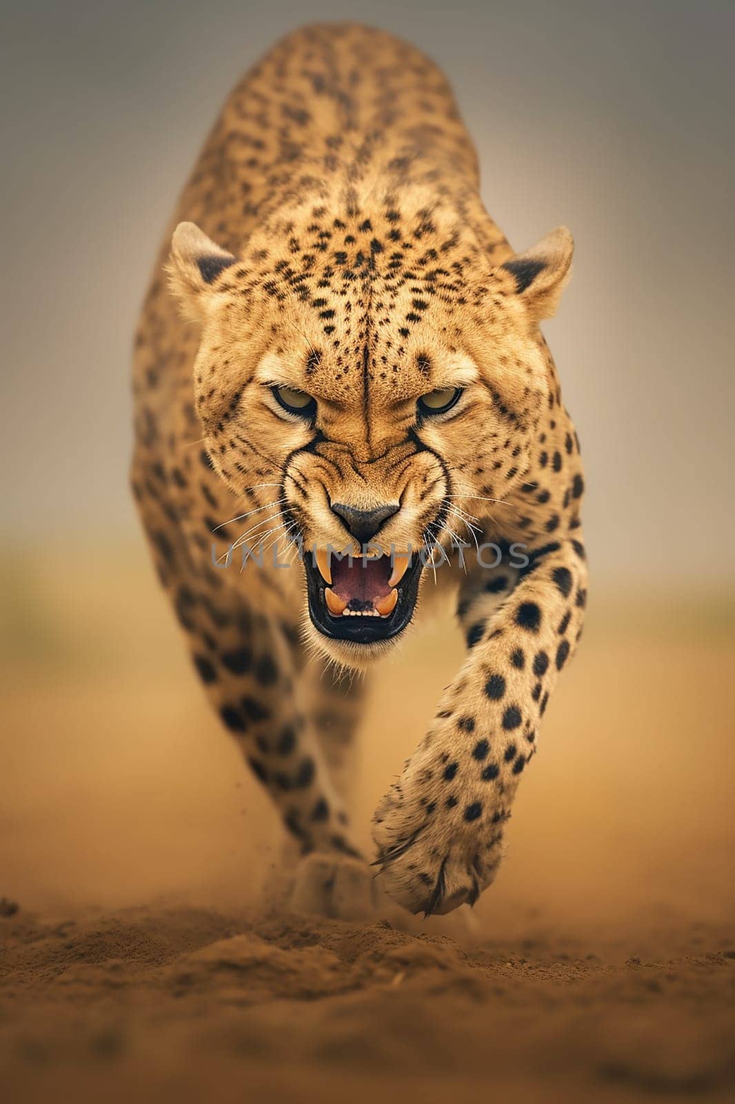 Angry leopard with open mouth charging, attacking a prey, hunting for a meal while roaring