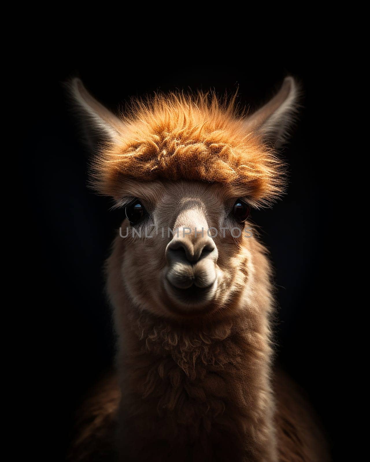 Close-up of a cute alpaca or llama against black background