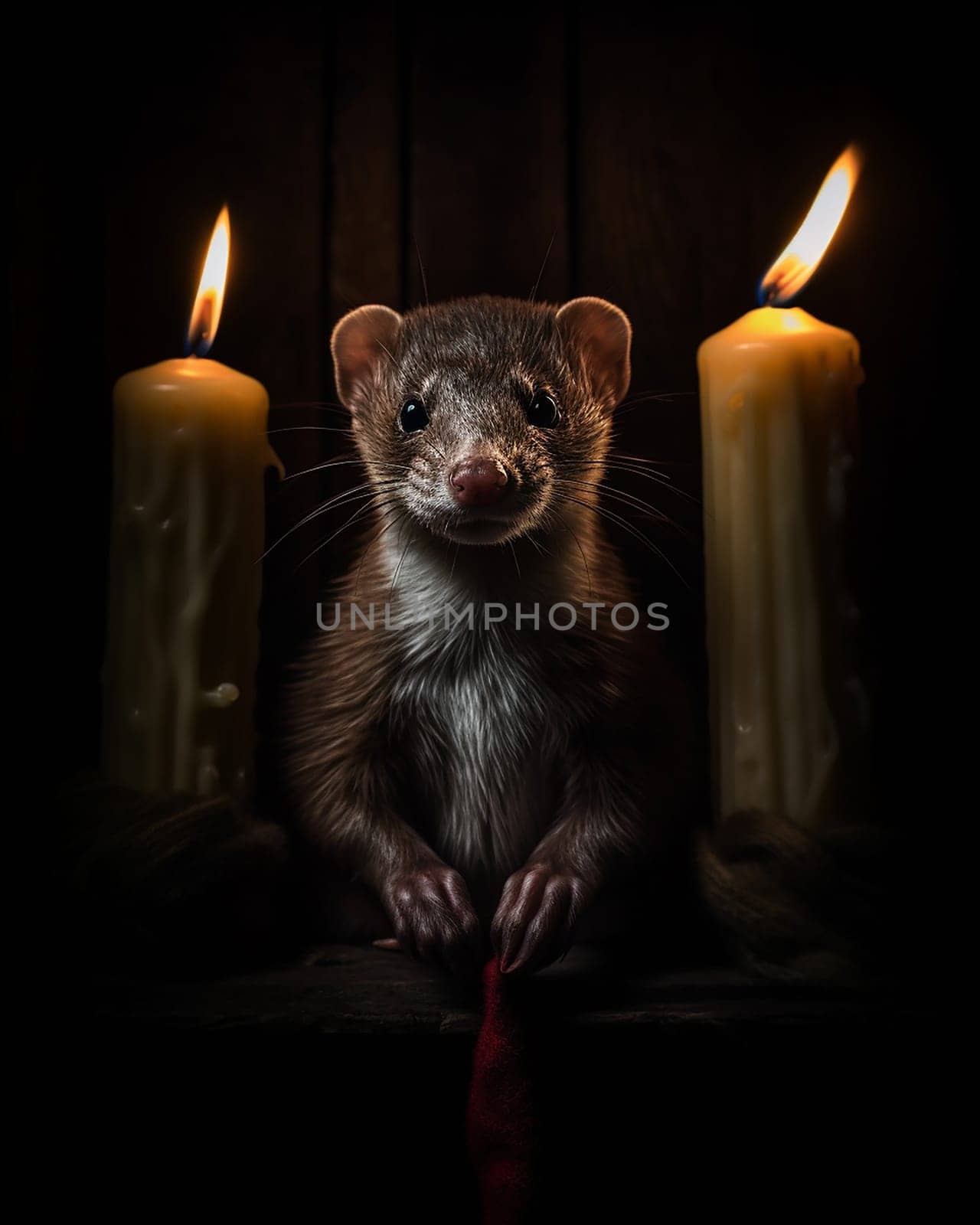 Close-up of a ferret's face on a dark background